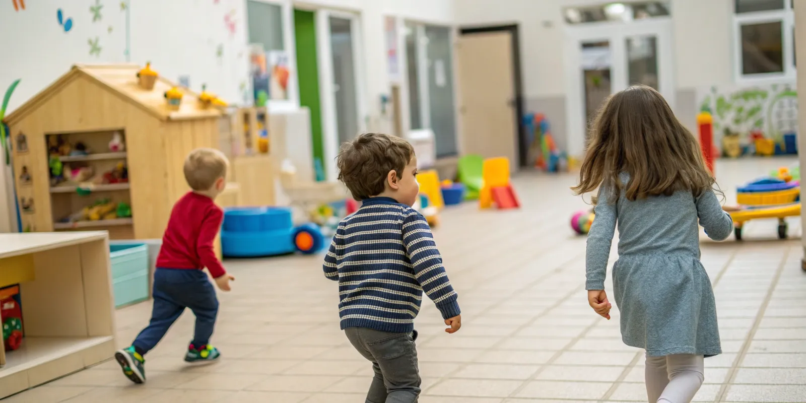 niños jugando y corriendo en el salón